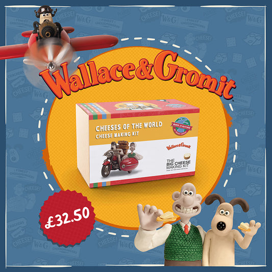Wallace & Gromit cheese-making kit packaging with cartoon characters and branding.