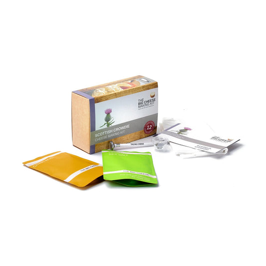 What's in the Scottish Crowdie Cheese Making Kit: citric acid, organic sea salt, vegetarian rennet, thermometer, muslin and recipe book