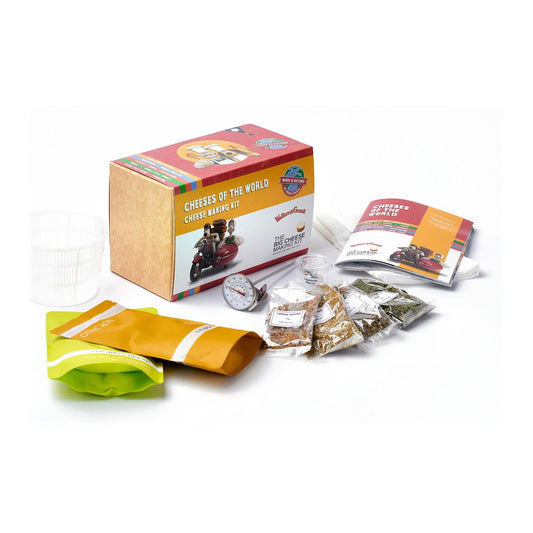What's in the Wallace & Gromit Cheeses of the World Cheese Making Kit: citric acid, organic sea salt, herbs and spices, vegetarian rennet, basket mould, thermometer, muslin and recipe book
