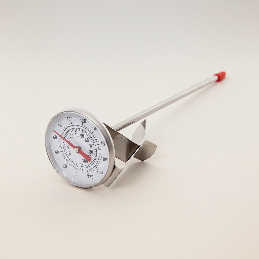 Big Cheese Making Kit stainless steel thermometer with adjustable clip and red tip. Measures 0-220°F / 0-100°C.