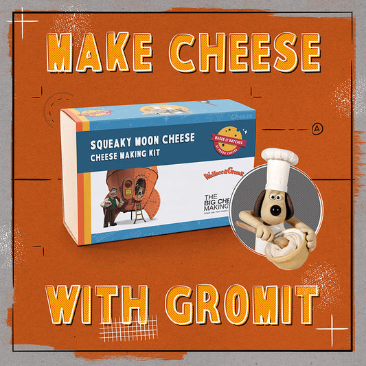 Squeaky Moon Cheese cheese making kit with wallace and gromit on an orange background