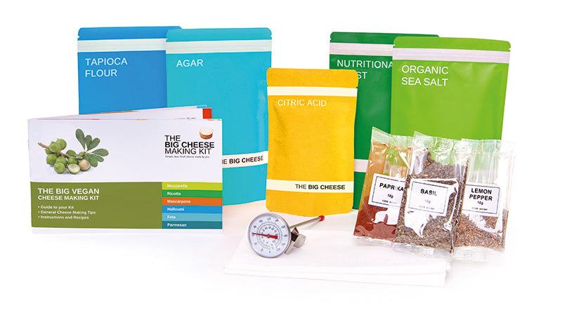 vegan cheese making kit from big cheese making kit ingredients on a white background
