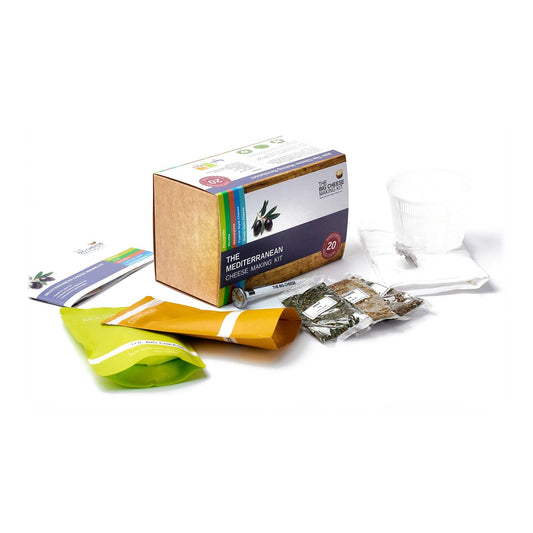 What's in The Mediterranean Cheese Making Kit: citric acid, organic sea salt, herbs, vegetarian rennet, basket mould, thermometer, muslin and recipe book