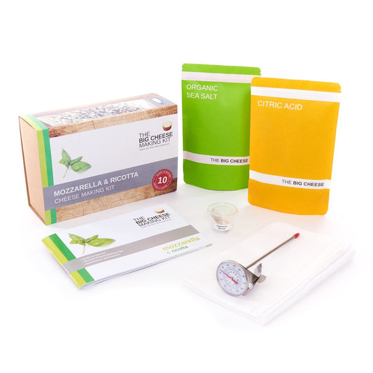 What's in the Mozzarella & Ricotta Cheese Making Kit: citric acid, organic sea salt, vegetarian rennet, thermometer, muslin and recipe book