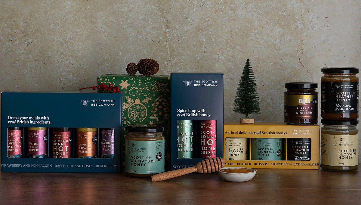 The Scottish Bee Company range: honeys, hot honey drizzles, dressings, vinegars and chocolate spread with honey