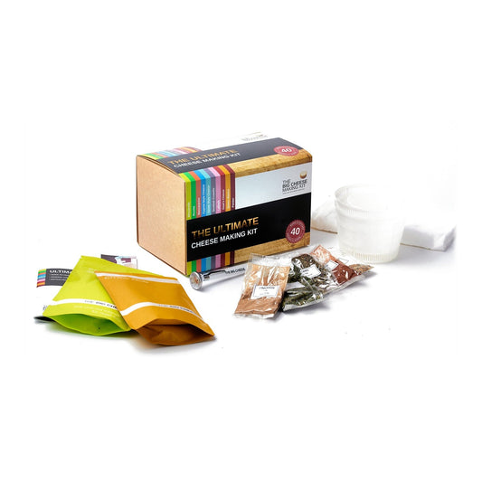 What's in The Ultimate Cheese Making Kit: citric acid, organic sea salt, herbs and spices, cheese moulds, thermometer, muslin and recipe book