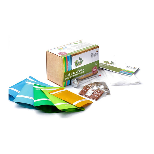 What's in The Big Vegan Cheese Making Kit: ingredient pouches, basil, lemon pepper and paprika, thermometer, muslin and recipe book