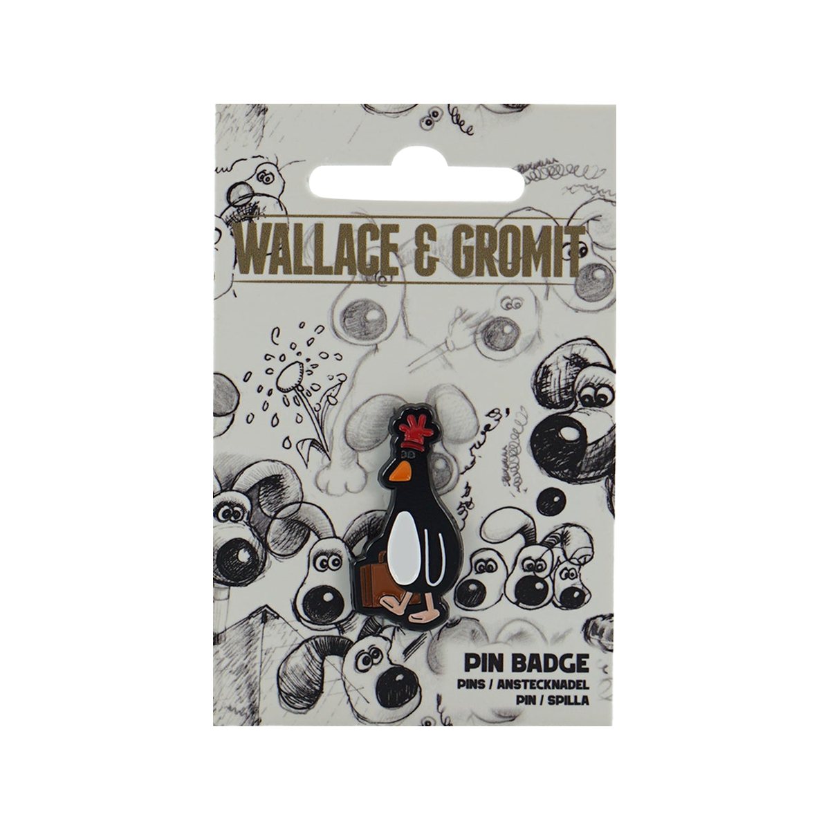 Wallace & Gromit Feathers McGraw Pin Badge on its backing card
