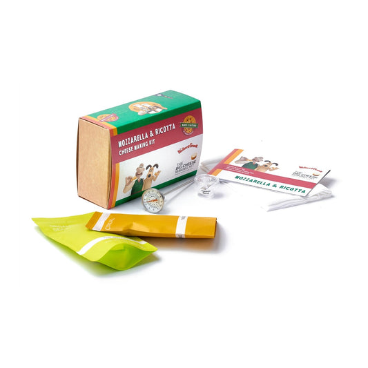 What's in the Wallace & Gromit Mozzarella & Ricotta Cheese Making Kit: citric acid, organic sea salt, vegetarian rennet, thermometer, muslin and recipe book