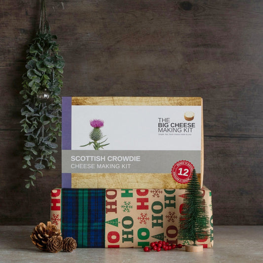 Scottish Crowdie Cheese Making Kit on a tartan-wrapped Christmas present