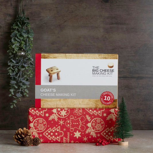 Goat's Cheese Making Kit on a red wrapped Christmas present