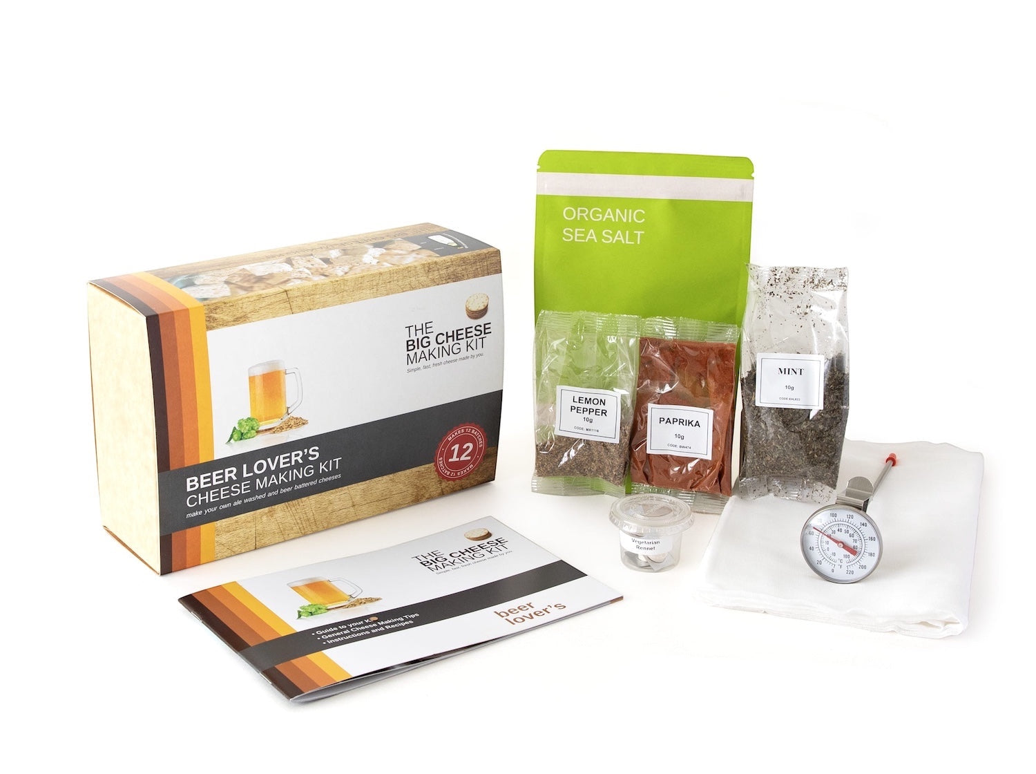 The Big Cheese Making Kit Beer Lover's Cheese Making Kit includes organic sea salt, lemon pepper, paprika, mint, vegetarian rennet, thermometer, and cheese cloth.