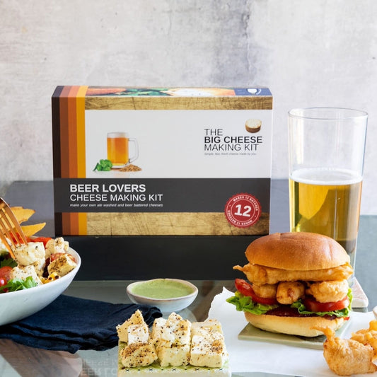 Big Cheese Making Kit Beer Lovers Cheese Making Kit box with beer, burger, and cheese.