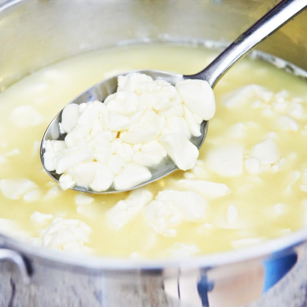 big cheese making kit Scottish Crowdie cheese curds on a spoon over a pot of whey