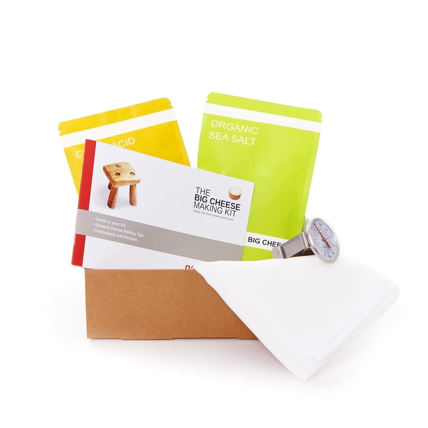 The Big Cheese Making Kit includes citric acid, sea salt, cheesecloth, thermometer, and instructions for homemade goat cheese.