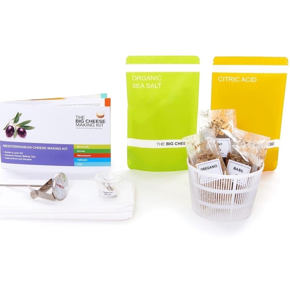 The Big Cheese Making Kit Mediterranean Cheese Making Kit includes organic sea salt, citric acid, herbs, thermometer, cheesecloth, and mold for making Mozzarella, Ricotta, Mascarpone, Halloumi, and Feta.
