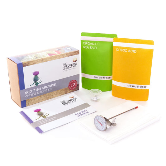 The Big Cheese Making Kit Scottish Crowdie Cheese Making Kit includes organic sea salt, citric acid, vegetarian rennet, thermometer, and recipe booklet.