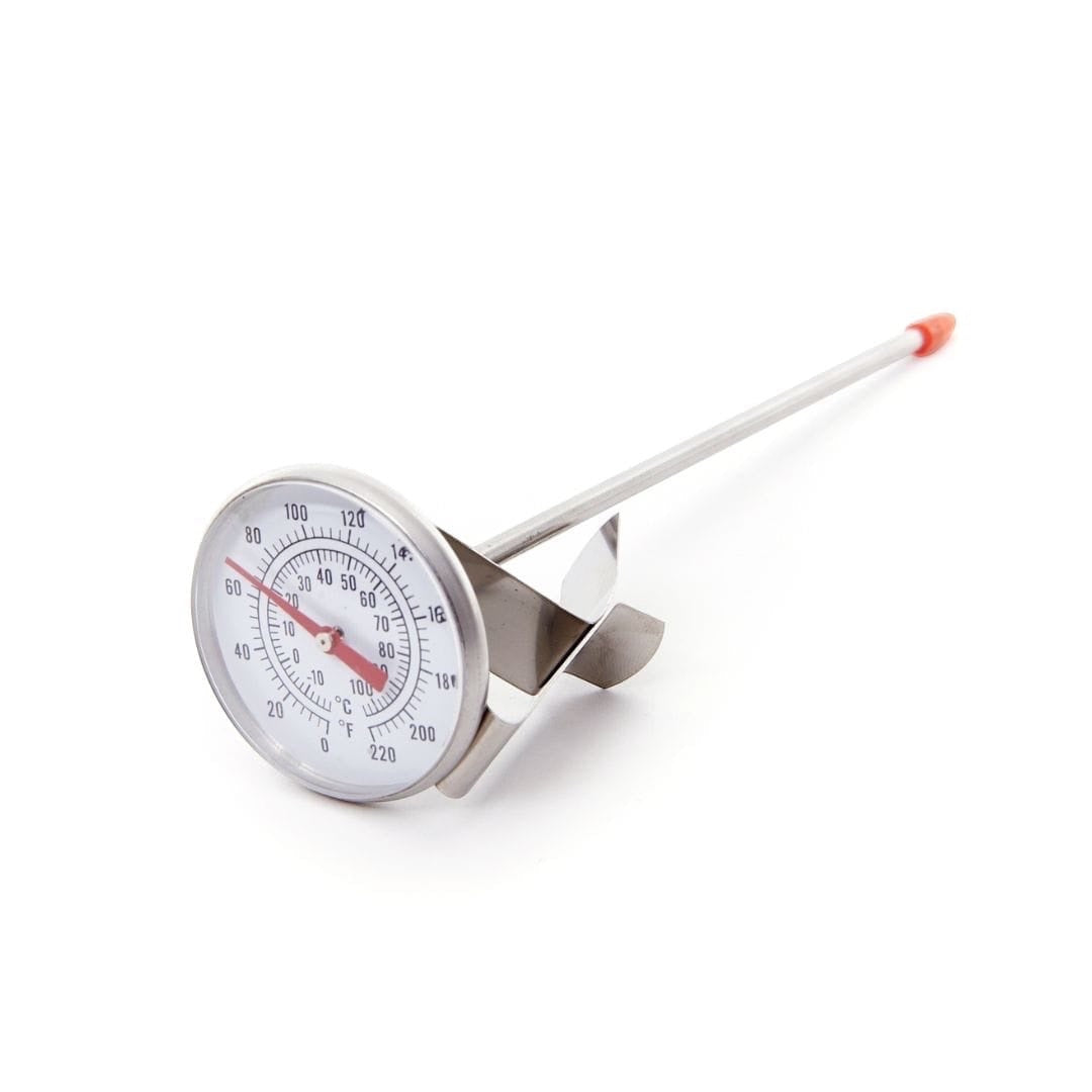 Big Cheese Making Kit stainless steel thermometer with adjustable clip and red tip. Measures 0-220°F/0-100°C.