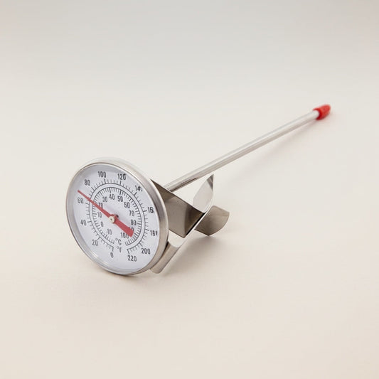 Big Cheese Making Kit stainless steel thermometer with adjustable clip and red tip. Measures 0-220°F / 0-100°C.