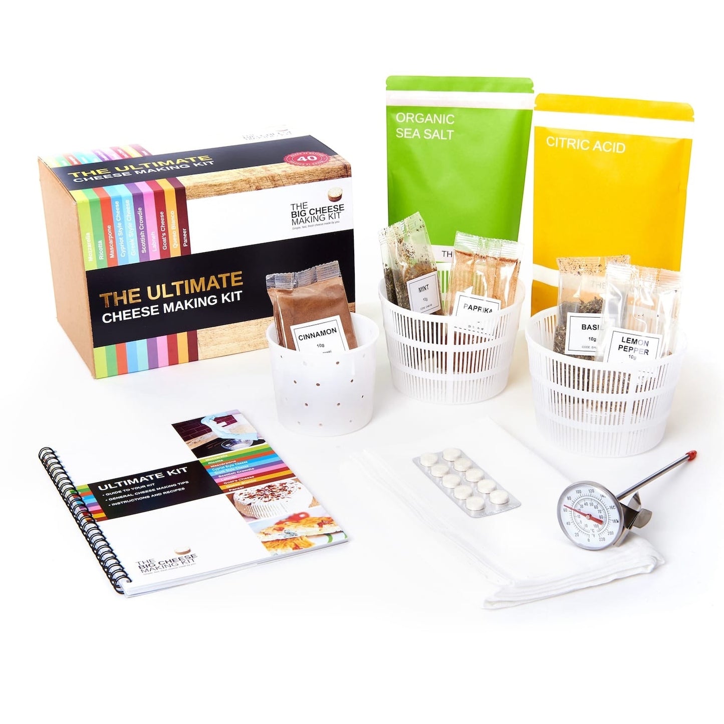 The Big Cheese Making Kit Ultimate Cheese Making Kit includes recipe book, cheese moulds, herbs, spices, sea salt, citric acid, thermometer, and rennet tablets.