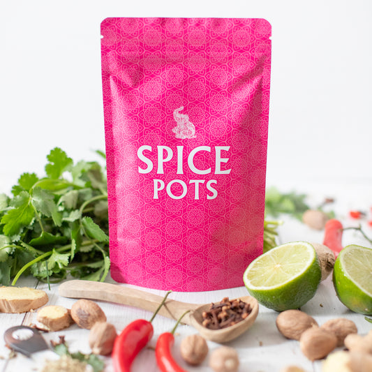 A bright pink stand-up pouch labeled 'SPICE POTS' stands on a white surface surrounded by culinary ingredients including cilantro, limes, red chilies, cinnamon, and nuts.